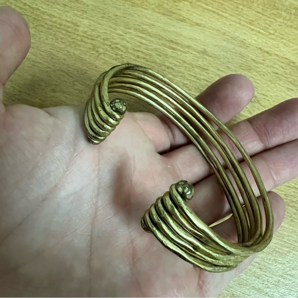 Gold tone antique look open cuff rigid bracelet layered hammered look